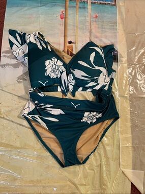 Cacique Teal and White Floral One-Piece Swimsuit